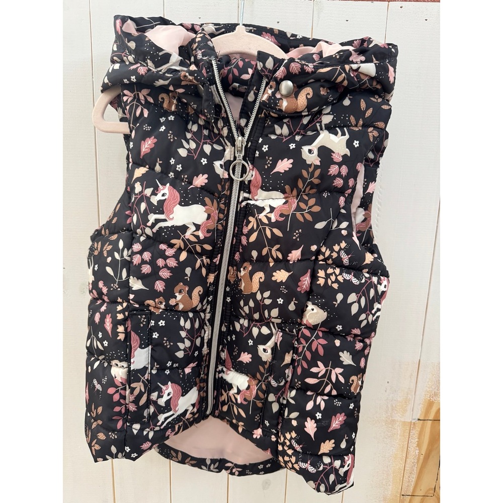 HM Kids Unicorn Woodland Puffer Vest Black Pink Hooded Sleeveless Jacket 8-9Y